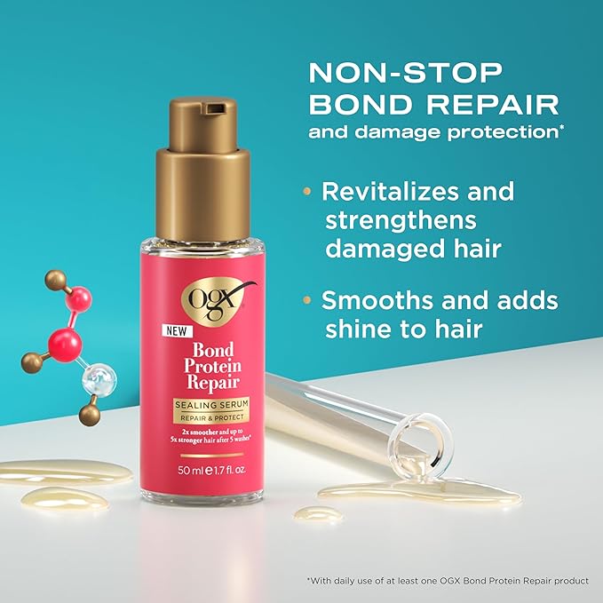 OGX Repair & Protect Bond Protein Repair Sealing Hair Serum, Sealing Hair Serum Helps Revitalize Damaged Hair for Softer, Smoother, & Stronger Hair, 1.7 fl. oz