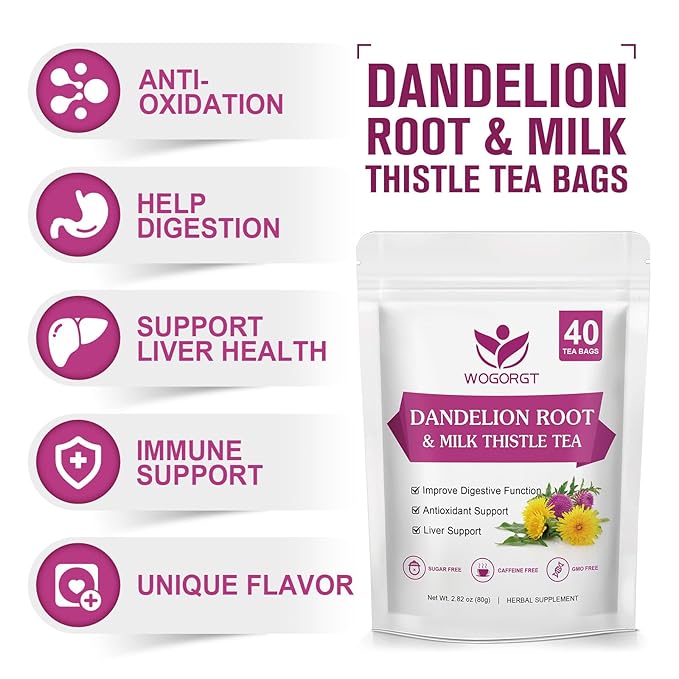 Dandelion Root with Milk Thistle Tea Bags - Natural Dried Dandelion Root and Milk Thistle Herbal Tea bags for Liver Cleanse, Antioxidant and Immune Support, Caffeine Free - 40 Tea Bags