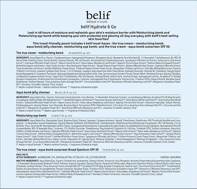 belif Hydrate & Go Kit – 4-Step Korean Skincare Set with Toner, Moisturizing Bomb Cream, Jelly Cleanser, Eye Bomb, SPF 45 Sunscreen, TSA-Friendly, Deep Hydration & Barrier Care for Glowy, Bouncy Skin