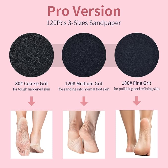 4.8IN Longer Electric Foot Callus Remover with 120pcs Sandpaper Discs, Professional Aluminum Callus Remover for Feet, Stepless Speed Control Pedicure Tools for Dead Skin