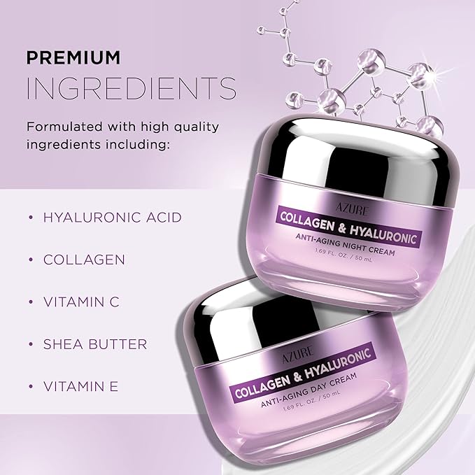 Azure Cosmetics Dermatologist Tested Collagen & Hyaluronic Acid Day & Night Face Moisturizer - K Beauty Anti-Aging Cream for Wrinkle Repair & Deep Hydration Cream - Korean Skincare - All Skin Type