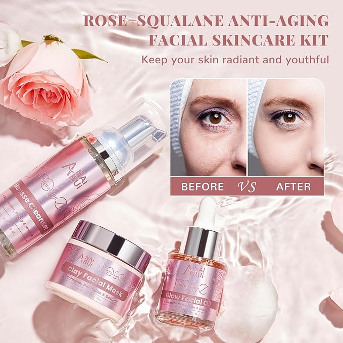 ANAiRUi Rose Skincare Gift Set, Mother's Day Gift for Women, Facial Skincare Kit for Women, Rose & Squalane Face wash and Moisturizer Set with Clay Mask, Face Cleanser and Facial Oil, Purify, Hydrate