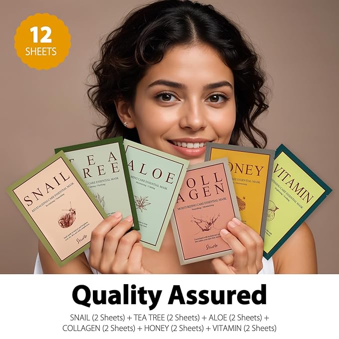 SHIONLE 12 Combo Pack B Essential Facial Mask Sheet, 6 Types Korean Essence Skincare Home Spa Self Care Treatment Mask, Hydrating Soothing For All Skin