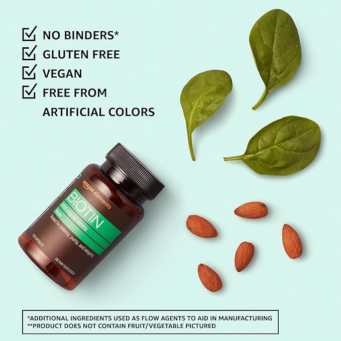 Amazon Elements - Biotin, 5000 mcg, Vegan, Helps maintain hair growth, healthy skin, and nails, 130 Capsules (4 month supply) (Packaging may vary)