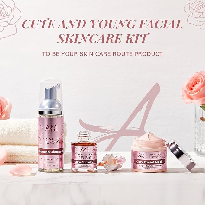 ANAiRUi Rose Skincare Gift Set, Mother's Day Gift for Women, Facial Skincare Kit for Women, Rose & Squalane Face wash and Moisturizer Set with Clay Mask, Face Cleanser and Facial Oil, Purify, Hydrate
