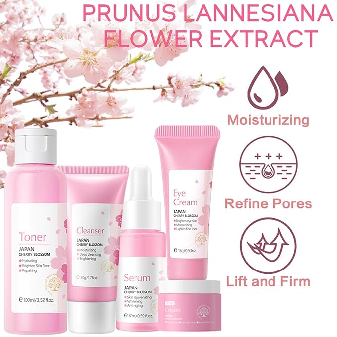 Korean Skin Care Set - Sakura Skin Care Sets & Kits - Women Gift Sets with Cleanser-Toner-Serum-Face Cream-Eye Cream-Skin Care Routine Kit for Women (One Size, Cherry Blossom-Start Kit)