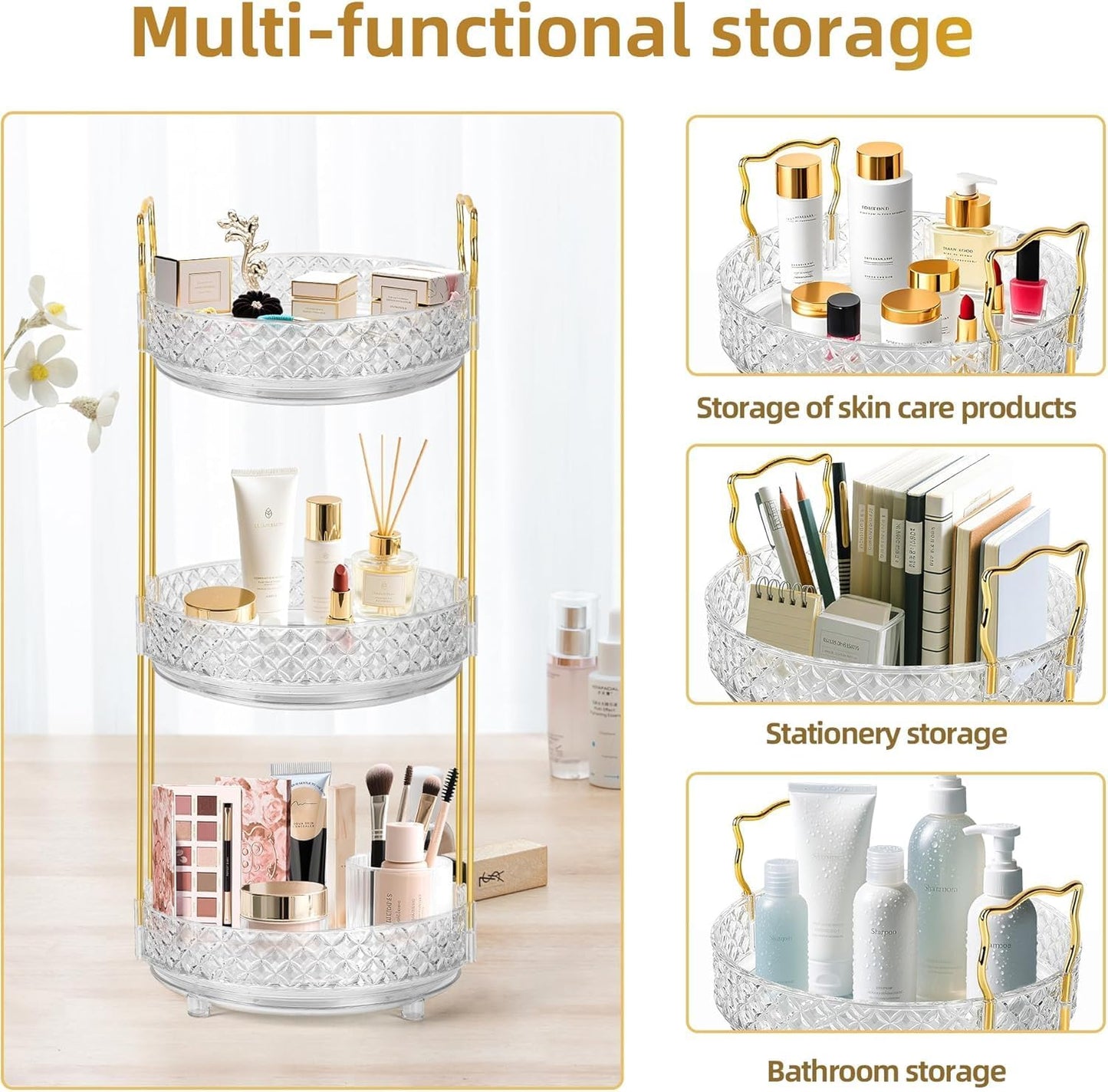 360 Rotating Rotating Makeup Organizer for Vanity, 3 Tier Perfume Skincare Organizers and Storage for Bathroom Countertop, Clear Spinning Counter Cosmetic Holder for Dresser,Clear