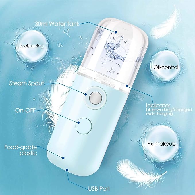 GIVERARE 2 Pack Nano Facial Steamer, Handy Mini Mister, USB Rechargeable Mist Sprayer, 30ml Visual Water Tank Moisturizing&Hydrating for Face, Skin Care, Eyelash Extensions-Blue