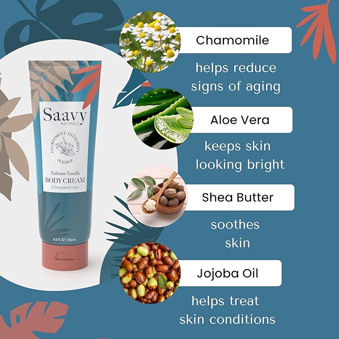 Saavy Naturals Tahitian Vanilla Body Cream for Men & Women, Absorbent Shea Butter Vegan Formula, Thick and Creamy, Naturally Scented Body Lotion for Dry Skin, 8.5 Oz, 2 Pack. Made in the USA