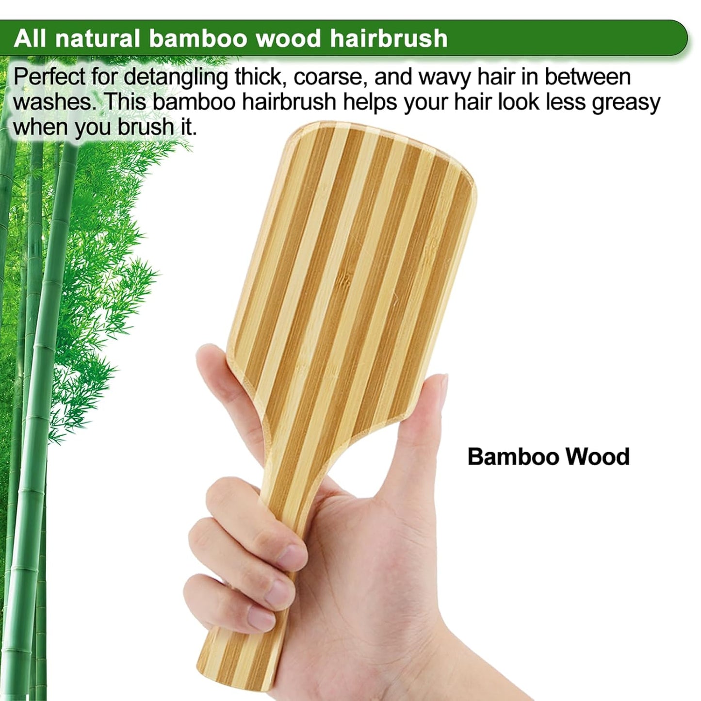 Bamboo Hair Brush with Cleaner Tool, Large Paddle Wooden Detangling Brush Perfect for Women Men Thick Curly Hair, Bamboo Bristles Help Hair Growth, Enhance Shine & Health, Massaging Scalp