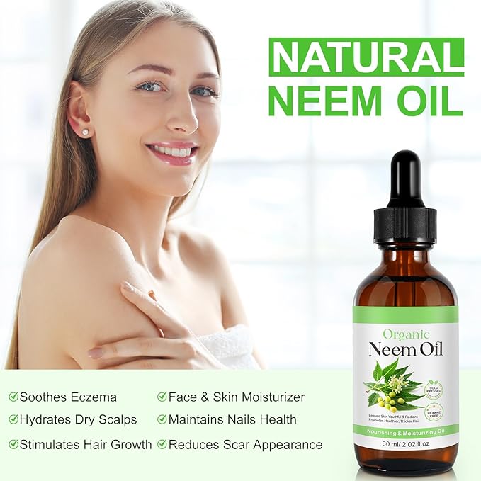 Neem Oil for Skin – 100% Natural Cold Pressed Neem Oil - for Face, Skin Care, Hair Care, Scalp Massage & Body Massage,Hair Growth, Acne, Anti-Aging Moisturizer (2.02 Fl Oz)