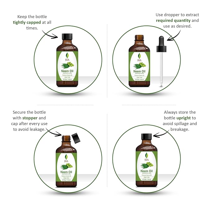 SVA Neem Seed Oil - 4 Fl Oz – 100% Natural Cold Pressed Neem Oil - for Face, Skin Care, Hair Care, Scalp Massage & Body Massage – Carrier Oil with Dropper