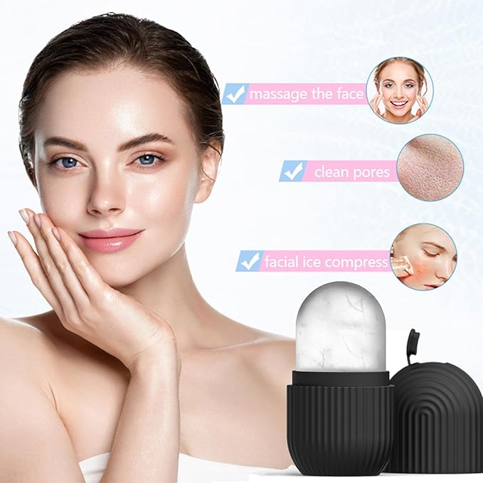 Ice Face Roller, Reusable Silicone Mold Face Massage Eye Facial Beauty Skin Care Tools Apply Ice for Shrink Pores Anti Wrinkle Reduce Puffiness Improve Skin Elasticity, Striped, Black