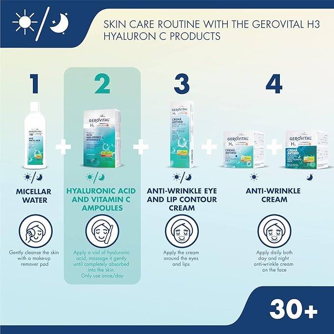 GEROVITAL HYALURON C Hyaluronic Acid Serum for Face with Vitamin C, Intensive Anti-Wrinkle Face Treatment, Hydrating, Face Moisturizer, for Normal, Mixed, Dry Skin, 10 vials x 2 ml