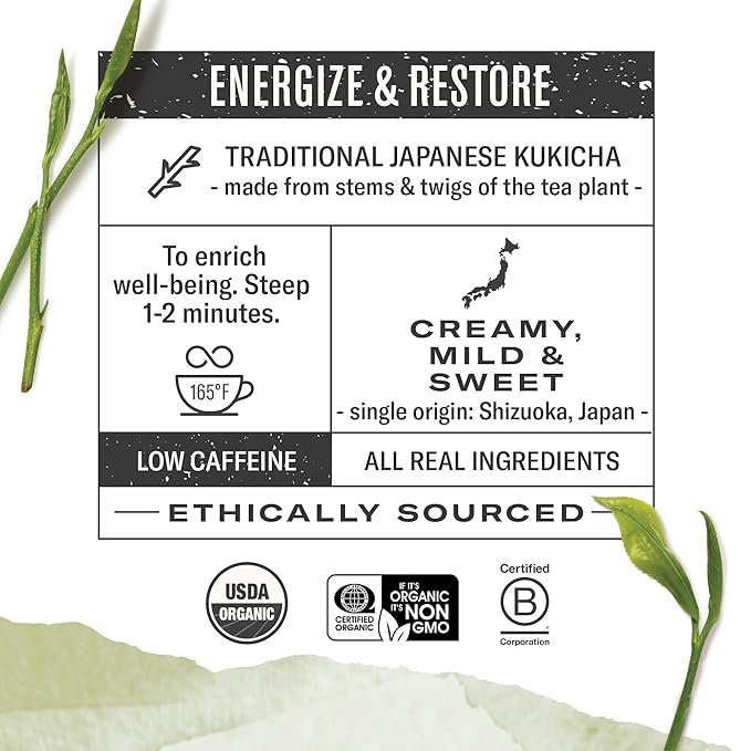 Numi Organic Kukicha Green Tea, 16 Tea Bags (Pack of 3), Roasted Japanese Twig Tea, Caffeinated