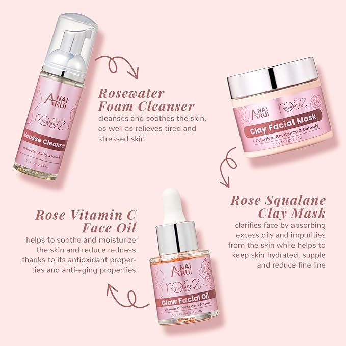 ANAiRUi Rose Skincare Gift Set, Mother's Day Gift for Women, Facial Skincare Kit for Women, Rose & Squalane Face wash and Moisturizer Set with Clay Mask, Face Cleanser and Facial Oil, Purify, Hydrate