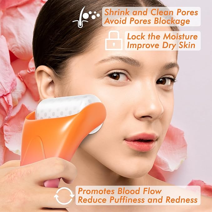 Ice Roller & Gua Sha Set, Skin Care for Face Wrinkles and Puffiness, Self Facial Massage Tools-Orange