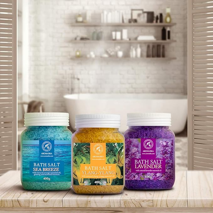 Bath Salts Set 42 Oz - Lavender - Sea Breeze - Ylang-Ylang - 100% Natural Essential Oil - Bathing - Body Care - Beauty - Relaxation - Spa