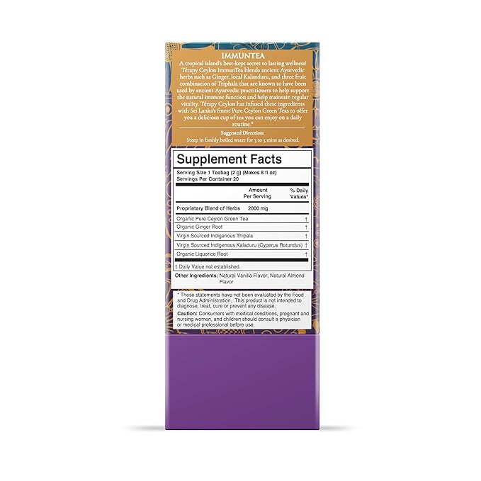 Tรฉrapy Ceylon ImmunTea Organic Tea Bags | All Natural Herbal Ingredients | Eco-friendly & Unbleached Pure Herb Tea Bags- Premium Individually Wrapped Herbal Tea Bags- 20 Count Tea Bags, 1.41oz(40g)
