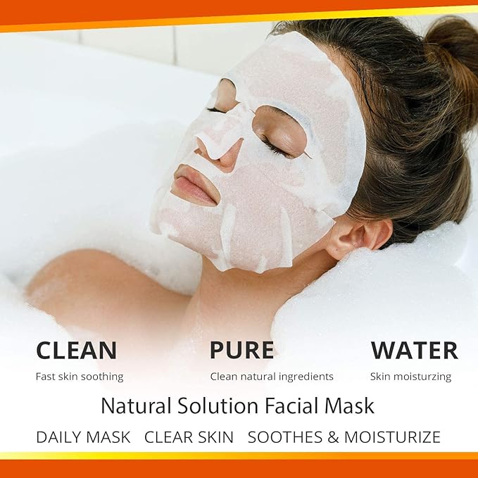 Natural Solution Sheet Mask, Enriched with Blood Orange & Vitamin C, White Brightening and Hydrating, Deep Pore Cleansing, Facial Skin Care - Pack of 20