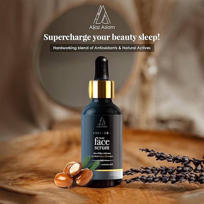 AIJAZ ASLAM Sylver Night Face Serum ā 30ml (1.01 fl Oz) ā Enhanced with Silver Flakes & Gold Extracts - Anti-Aging - Maintains Healthy Skin ā Deeply Nourishes ā Best for all Skin Types