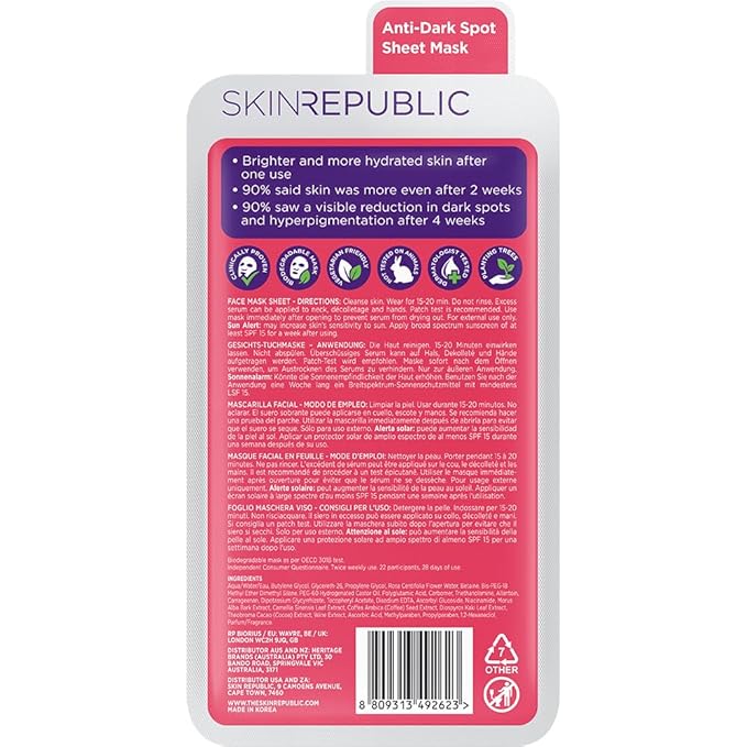 Skin Republic Vitamin C Brightening Sheet Mask Proven to Brighten and Hydrate After One Use. Made in Korea.