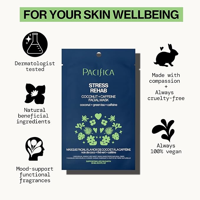 Pacifica Sheet Mask - Stress Rehab Coconut & Caffeine Facial Mask - 12-PACK De-Stress Sheet Mask for Redness & Puffiness Relief, Infused w/Green Tea, Turmeric & Hyaluronic Acid Cruelty-Free Skincare