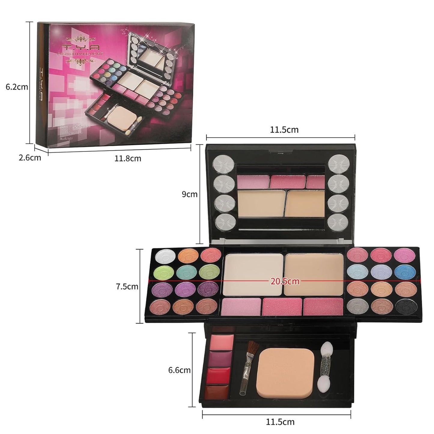 VolksRose Multi Functional Makeup Palette Set:24 Eyeshadow+3 Gradient Blushes+2 Highlights+Lipsticks 4 Colors,Complete Tools (Powder Puff+Dual-Ended Brush+Sponge Sticks+Mirror),Portable Present Case
