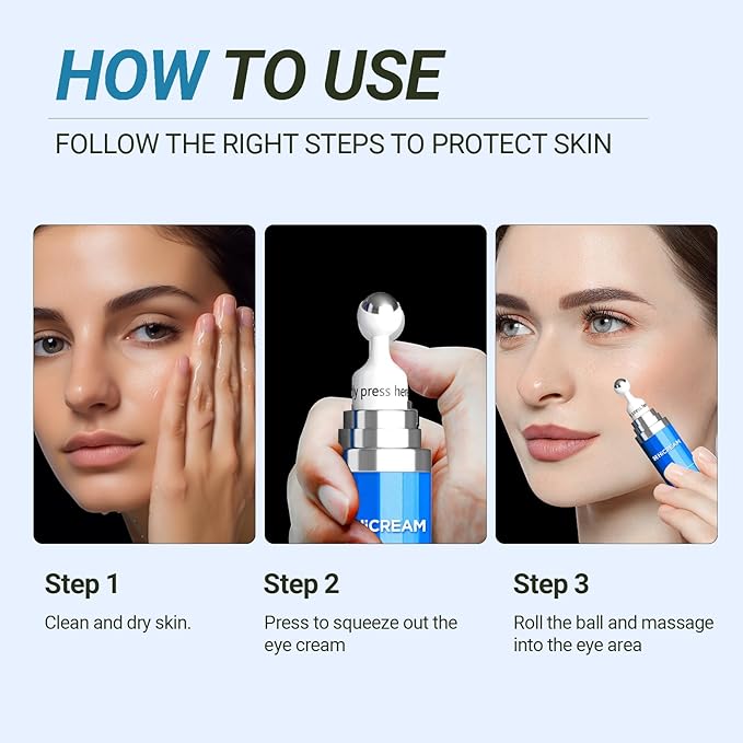 Eye Cream with 5% Caffeine Hyaluronic Acid for Puffy, Fine Lines, Dark Circles and Wrinkles, Under Eye Serum with 360° Roller Massage Ball, Eyelids Skin Care for Women & Men, 0.5 fl. oz