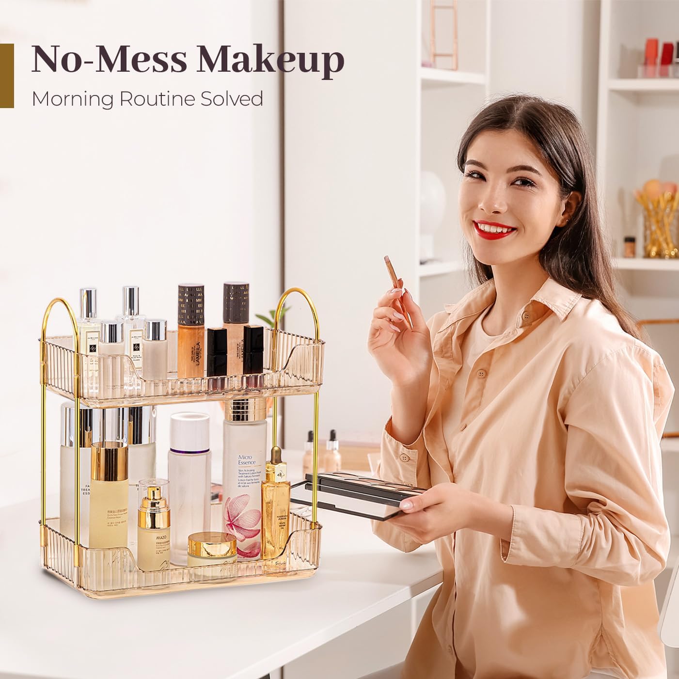 Aveniee Bathroom Counter Organizer, 2 Tier Perfume Skin Care Countertop Storage Shelf, Vanity Makeup Tray for Cosmetic Skincare Lotion, Gold