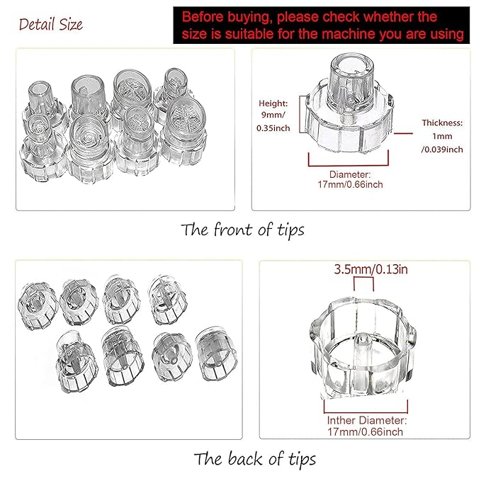 Elitzia Plastic Hydro Dermabrasion Microderma Heads Hydro Facial Aqua Peel Tips Water Peeling Caps Facial Care Skin Cleaning Tool Beauty Machine Replacement Spare Parts 8pcs Per Set(Transparent)