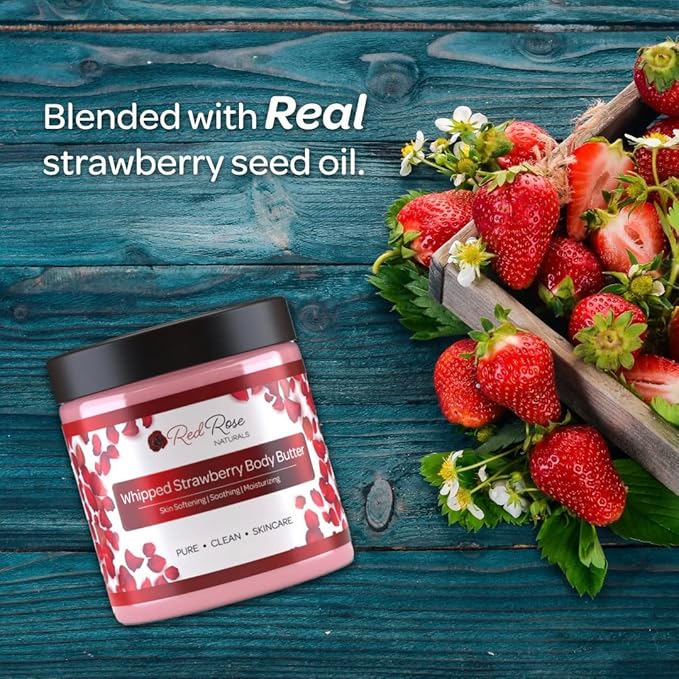 Whipped Strawberry Body Butter for Sensitive, Dry Skin, 8 Oz, Non-Greasy, Soft & Creamy, Moisturizing Shea Butter- Natural Skincare for All Skin – Vegan