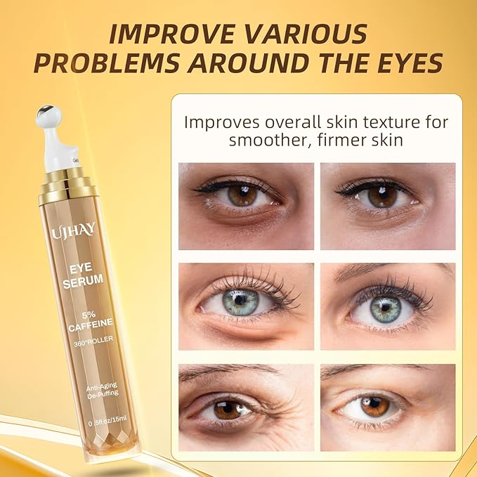 5% Caffeine Eye Cream, Under Eye Serum for Dark Circles, Puffiness & Wrinkles Fine Lines, Eye Roller Serum with 360° Massage Ball, Eye Treatment Balm for Men & Women