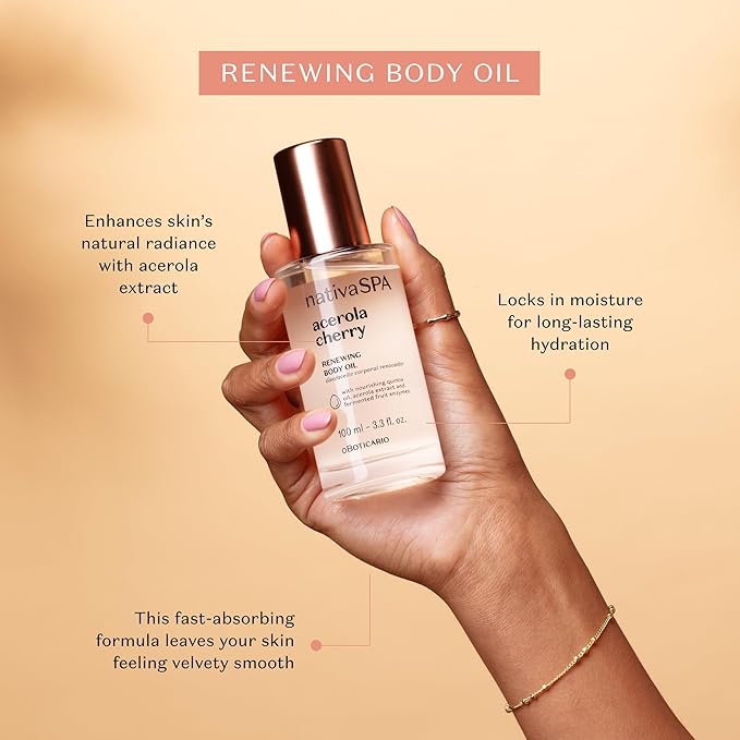 NATIVA SPA O BOTICÁRIO, Acerola Cherry Renewing Body Oil, Luminous Glow and Deep Hydration, 3.38 Ounce (100ml)