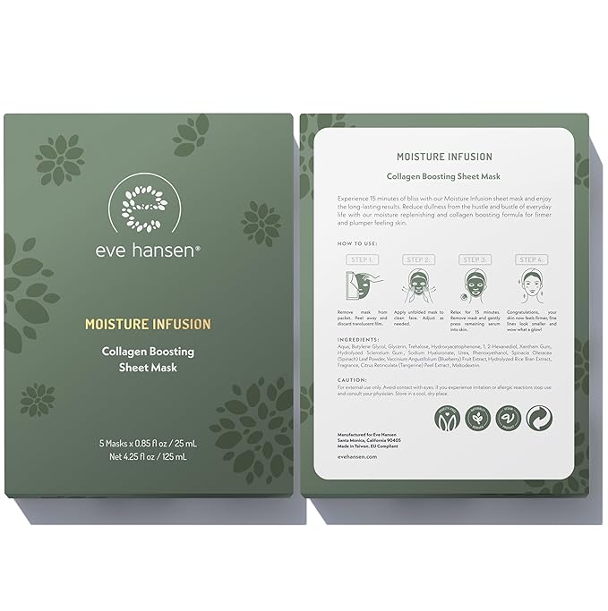 Eve Hansen Skincare Duo: Organic Rose Water Spray (8 oz) & Collagen Face Mask Sheets (Set of 5) – Hydrating & Soothing Care with Hyaluronic Acid & Botanical Extracts – Set of 2 Products