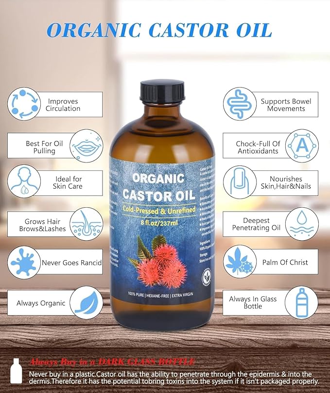 Organic Castor Oil for Face Roll On,Rollerball Castor Oil, Deep Hydration for Skin Care and Hair, Castor Oil Organic Cold Pressed Unrefined Glass Bottle 8oz with 2 Roller