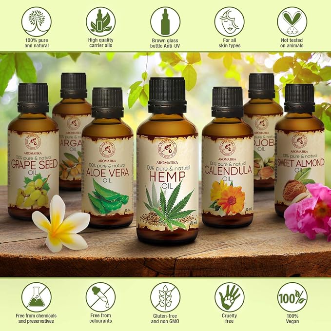 AROMATIKA Pure Hemp Oil 1.7 Fl Oz - Hemp Seed Oil - 100% Natural & Cold Pressed Carrier Oil used for Skin Care - Haircare - Massage - Cosmetics - Brown Glass Bottle 50ml - Oils Hemp