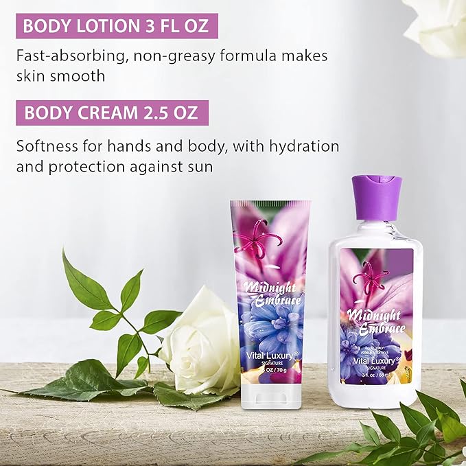 Midnight Embrace Bath & Body Kit, 3 Fl Oz, Ideal Skincare Gift Home Spa Set, Includes Body Lotion, Shower Gel, Body Cream, and Fragrance Mist, Birthday Mother's Day Gifts
