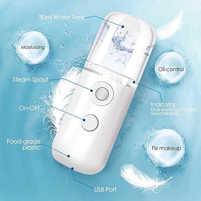 GIVERARE 2 Pack Nano Facial Steamer, Handy Mini Mister, USB Rechargeable Mist Sprayer, 30ml Visual Water Tank Moisturizing&Hydrating for Face, Skin Care, Eyelash Extensionss-White