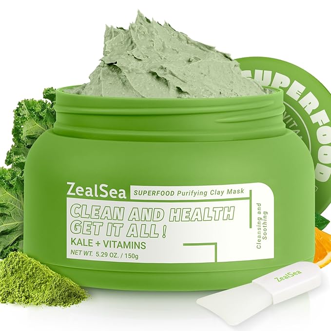 ZealSea Superfood Clay Face Mask: Deep Cleansing Mask for Controlling Oil & Blackhead Removal Pore Cleansing Antioxidant Anti-Aging Hydrating Facial Mask Vegan Skincare 5.29 Oz