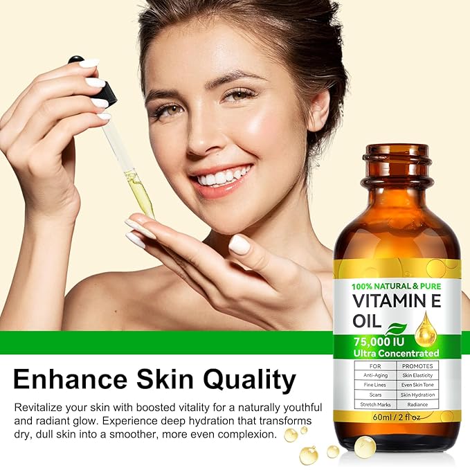 Vitamin E Oil for Skin 75,000 IU Pure Organic Vitamin E Oil for Face, Scars, Skin & Full Body, Body Oil for Dry Skin Nourishing Skin Hydration, Moisturizing Body Oil 100% Natural Hexane Free 2 Fl Oz