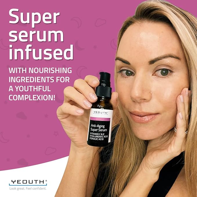 YEOUTH Anti Aging Serum for Face with Hyaluronic Acid, Ferulic Acid, Vitamin C and E, Hydrating Face Serum for Women and Men Targets Dull and Dry Skin 1oz