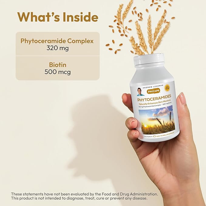 ANDREW LESSMAN Phytoceramides with Biotin 120 Softgels - Skin’s Vital Natural Internal Moisturizer. Naturally Enhances Soft, Smooth, Radiant Skin. No Additives. Small Easy to Swallow Softgels