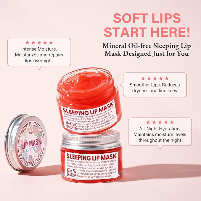 Natural Sleeping Lip Mask - Mineral Oil-Free Formula Enriched with Vitamin E, Jojoba, Shea Butter, and Coconut Oil - Overnight Treatment for Dry, Chapped Lips, 1.05oz