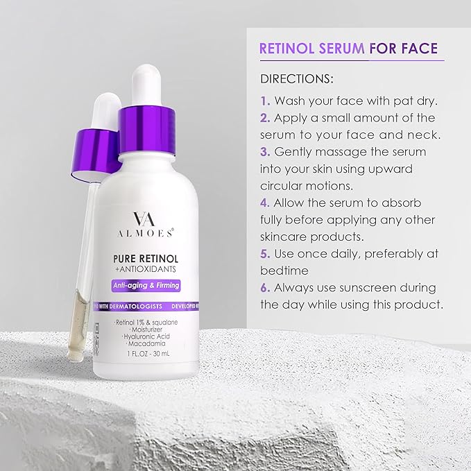 Almoes Retinol Serum for Face,Moisturising Serum for Face with Macadamia,Firming Skin,Antioxidant,Increase Skin Elasticity,Hyaluronic Acid Serum,Face Serum for Women,Serum for Face,Face Care,1 Fl Oz