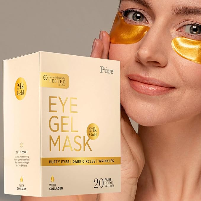 24k Gold Under Eye Mask, Reduce Puffy Eyes, Wrinkles And Undereye Bags (20 Pairs) Dark Circles Under Eye Treatment, Eye Cooling Mask, Gel Under Eye Patches With Vitamin E And Collagen.