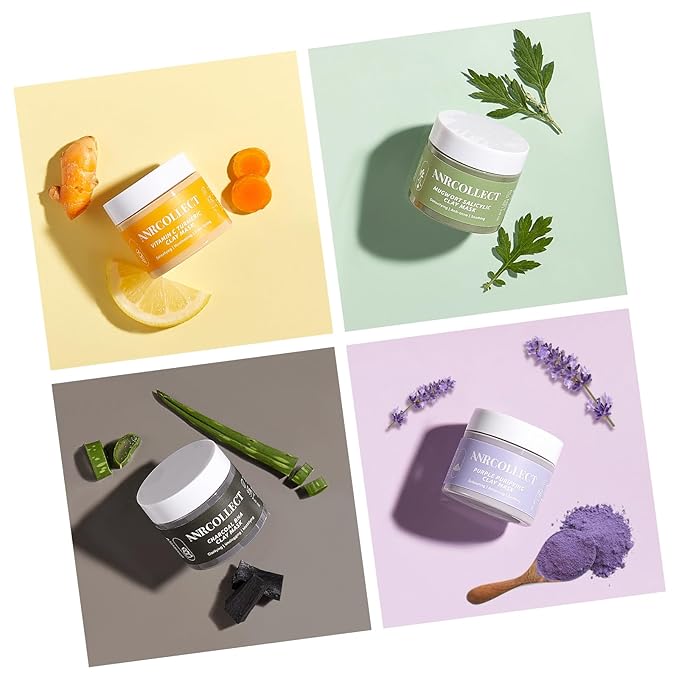 Face Mask Set, 4Pcs Clay Mask, Face Masks Skin Care with Vitamin C, Charcoal, Mugwort and Purple Clay, Skincare Gift Set for Blackheads, Refining Pores & Controling Oil, Dry Oily Skin