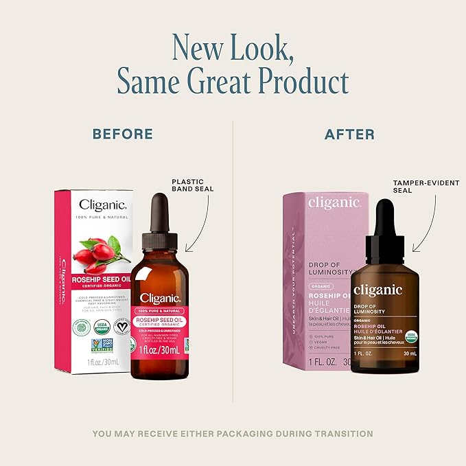 Cliganic Organic Rosehip Seed Oil for Face, 100% Pure | Natural Cold Pressed Unrefined Non-GMO | Carrier Oil for Skin, Hair & Nails (Packaging May Vary)