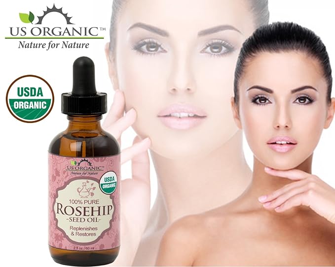 US Organic Rosehip Seed Oil, USDA Certified Organic, Cold Pressed, Virgin Organic, Amber Glass Bottle and Glass Eyedropper for Easy Application - 2 oz (56 ml)