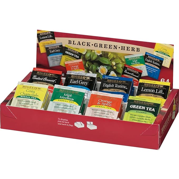 Bigelow Tea Assortment, Green, Black, and Herbal Teas with English Teatime, Constant Comment, Lemon Lift, Earl Grey, Green, Cozy Chamomile, Orange Spice, Mint Medley, 64 Tea Bags (Pack of 1)